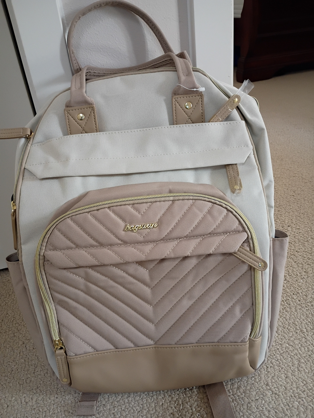 Bagswan Cream & Taupe Quilted Backpack